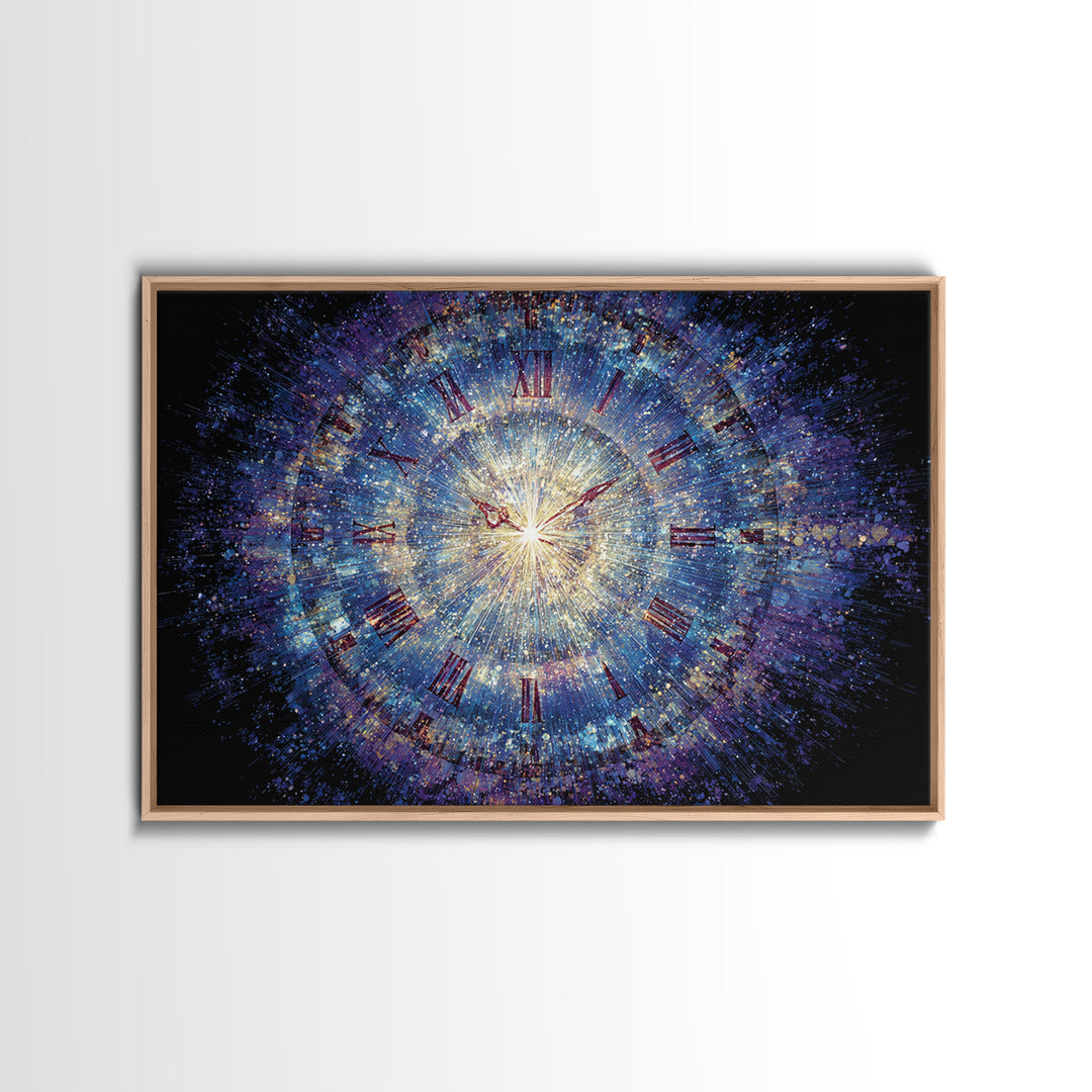 Exploding Cosmic Clock With Roman Numerals Canvas Print, Blue Space Abstract Art, Modern Wall Art, Celestial Time Decor Poster