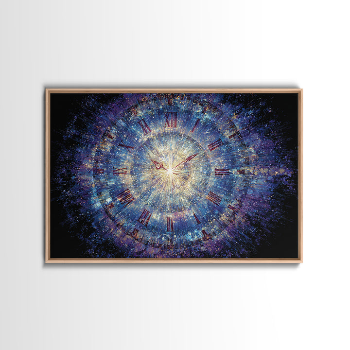 Exploding Cosmic Clock With Roman Numerals Canvas Print, Blue Space Abstract Art, Modern Wall Art, Celestial Time Decor Poster