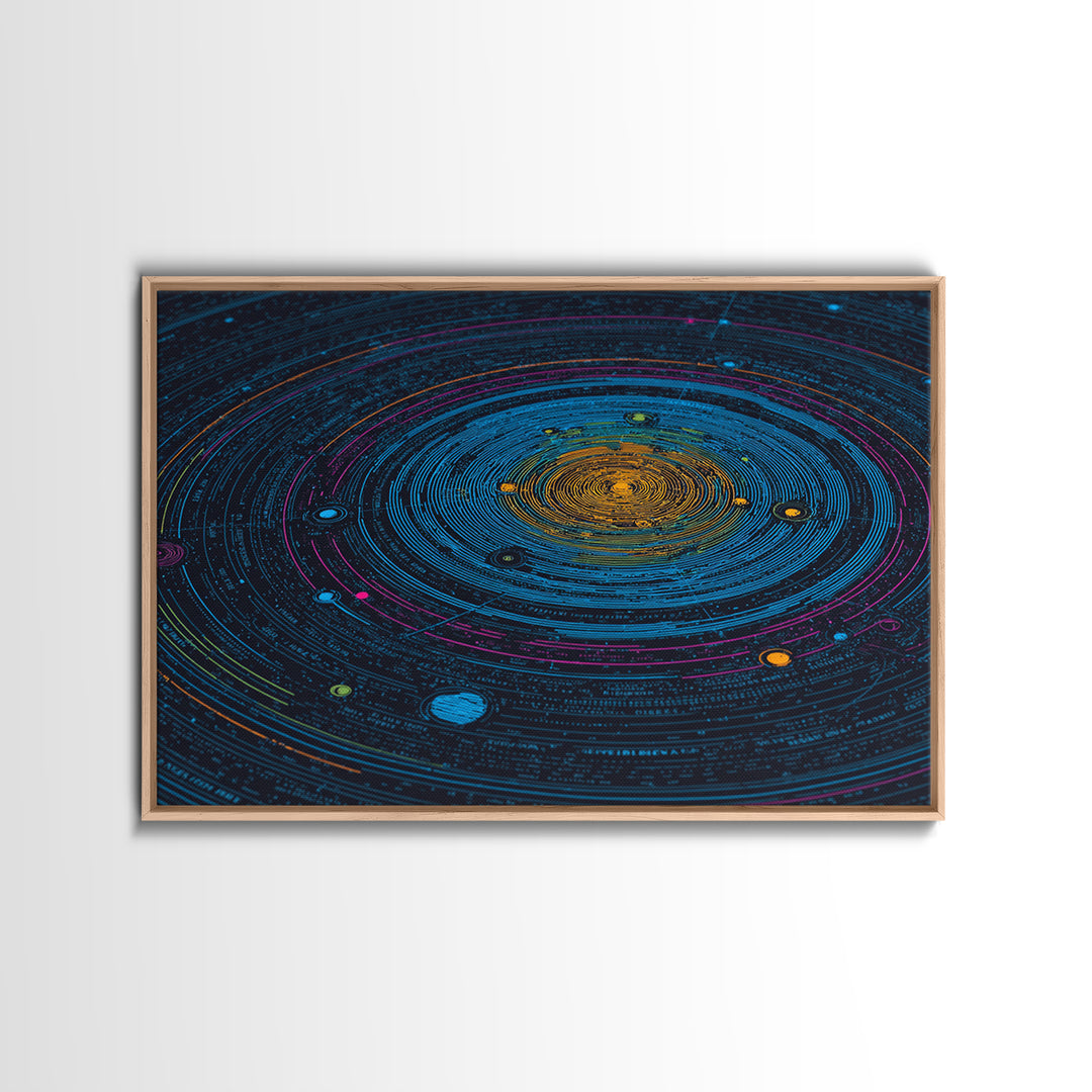 Blue Solar System Canvas Print, Planetary Orbit Chart Wall Art, Modern Digital Art, Sci Fi Wall Decor, Astronomy Poster Gift