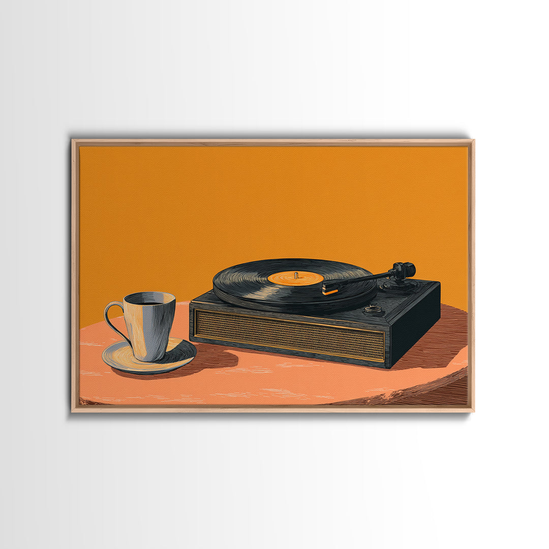 Retro Record Player With Coffee Canvas Print, Midcentury Modern Music Poster, Vinyl Turntable Wall Art, Orange Home Decor
