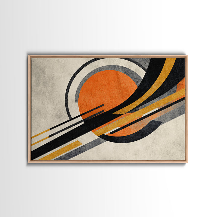 Orange Sun And Sweeping Black Arcs Wall Art, Midcentury Modern Abstract Geometric Print, Atomic Retro MCM Living Room Decor