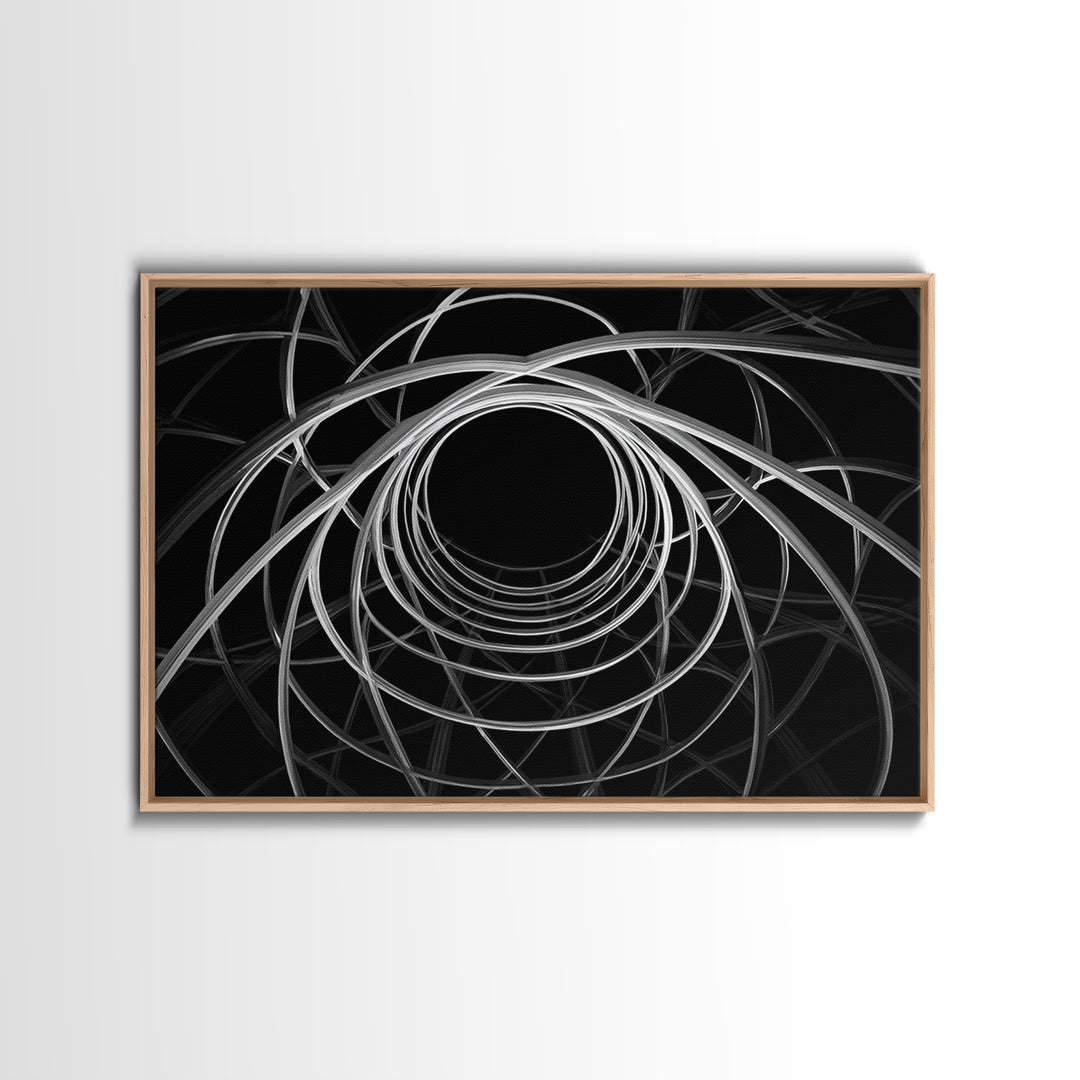 Black And White Orbital Vortex Wall Art, Modern Abstract Line Print, Monochrome Geometric Op Art For Statement Office Decor