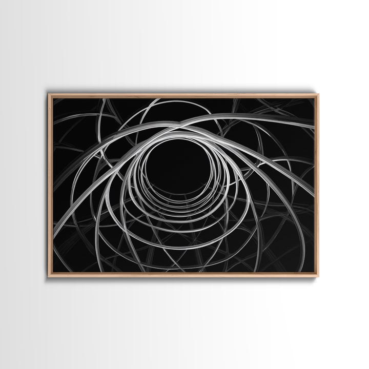 Black And White Orbital Vortex Wall Art, Modern Abstract Line Print, Monochrome Geometric Op Art For Statement Office Decor