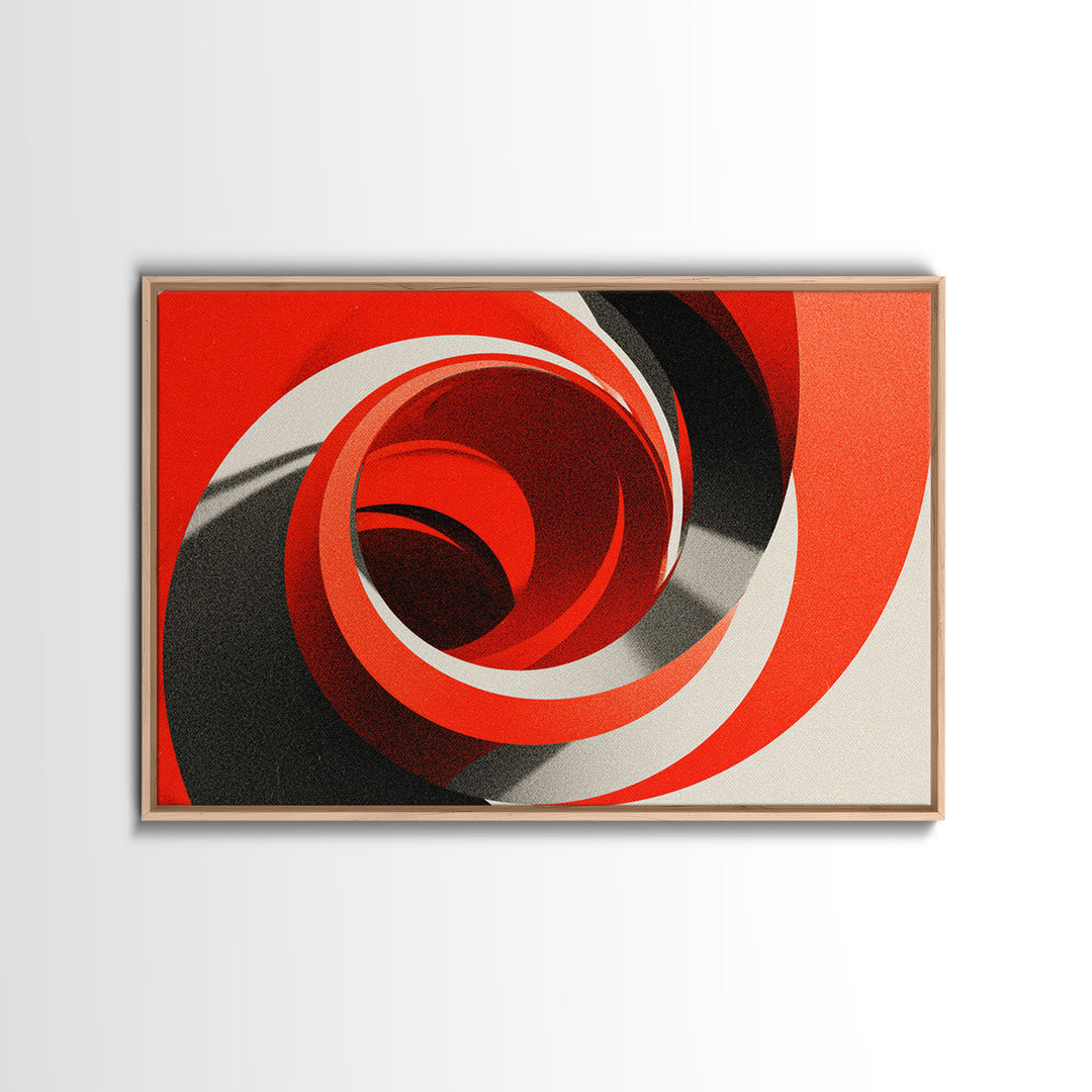 Red Spiral Vortex And Black Curves Canvas Print, Bold Modern Abstract Op Art Poster, Retro Geometric Statement Wall Decor