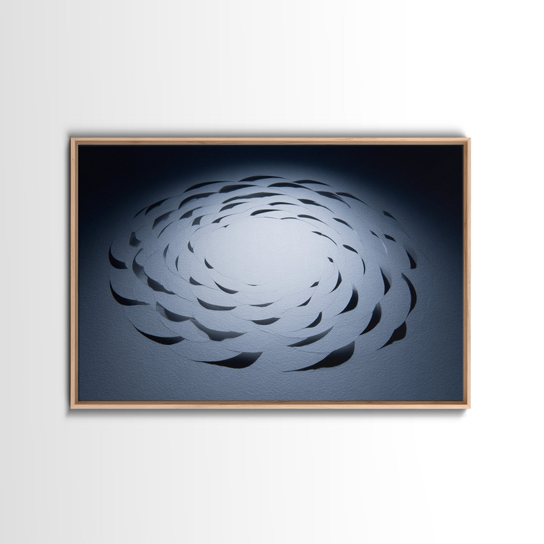 White Paper Cut Spiral Flower Canvas Print, Minimalist Modern Abstract Wall Decor, Blue Black Sculptural Textile Statement Art