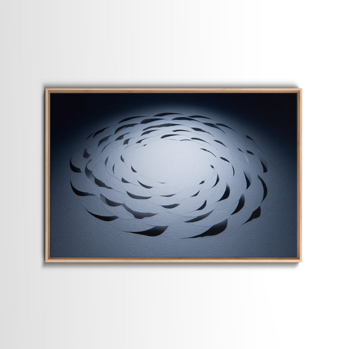 White Paper Cut Spiral Flower Canvas Print, Minimalist Modern Abstract Wall Decor, Blue Black Sculptural Textile Statement Art