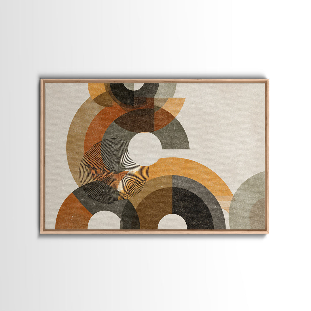 Earthy Orange Black And Beige Circles Framed Canvas Print, Midcentury Modern Abstract Geometric Wall Decor, Retro MCM Art