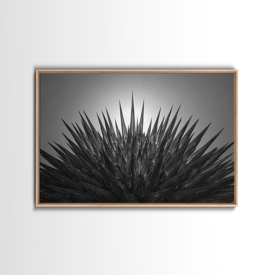 Black Spiky Radial Feather Abstract Wall Art, Monochrome Modern Nature Print, Dramatic Geometric Statement Office Decor
