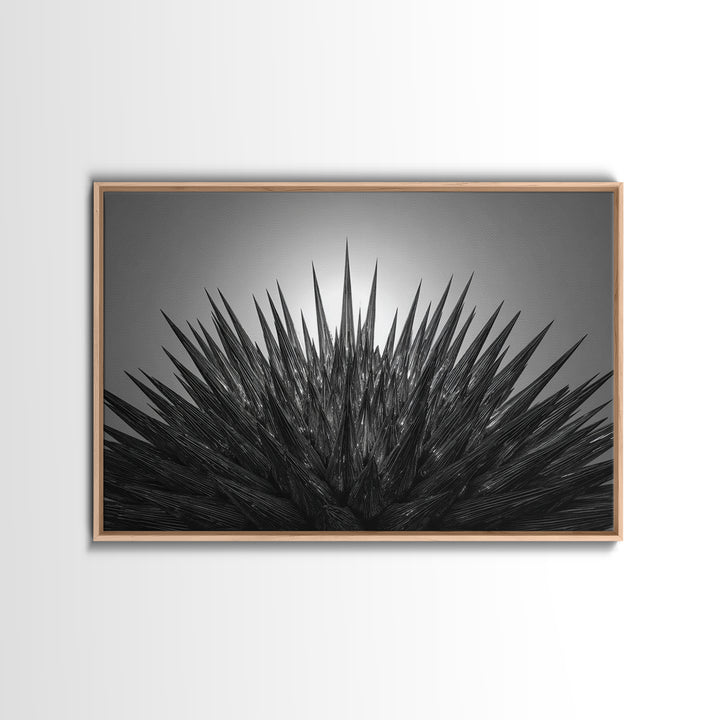 Black Spiky Radial Feather Abstract Wall Art, Monochrome Modern Nature Print, Dramatic Geometric Statement Office Decor