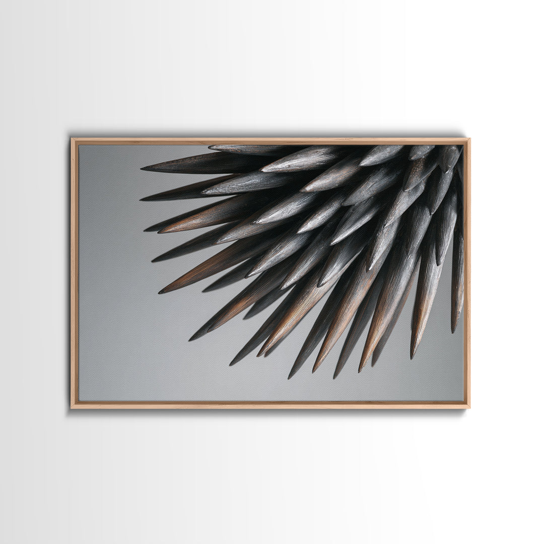 Metallic Black Spines Close Up Canvas Print, Modern Abstract Nature Office Wall Decor, Minimalist Monochrome Statement Art