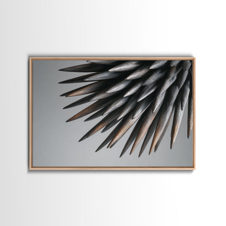 Metallic Black Spines Close Up Canvas Print, Modern Abstract Nature Office Wall Decor, Minimalist Monochrome Statement Art