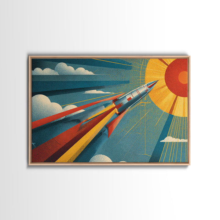 Sleek Rocket Flying Toward Sun Canvas Print, Retro Futurist Space Wall Decor, Mid Century Modern Art, Atomic Sci Fi Poster