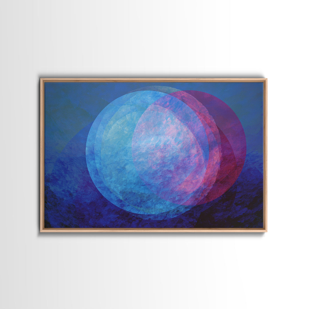 Blue Magenta Overlapping Moons Canvas Print, Abstract Space Wall Decor, Modern Geometric Art, Moody Bedroom Poster, Blue Wall Art