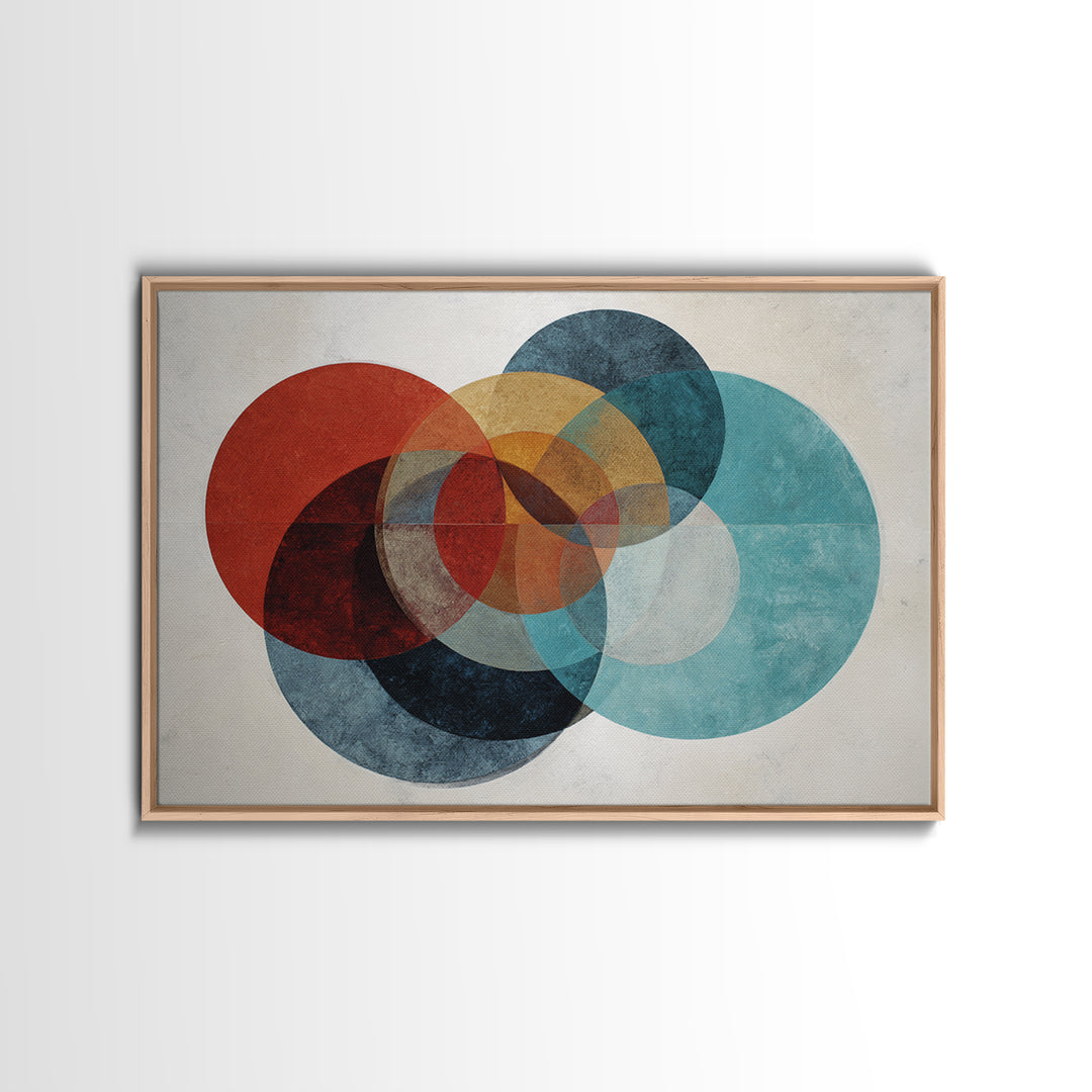 Textured Overlapping Circles Wall Art, Red Teal Mustard Abstract Print, Mid Century Modern Decor, Geometric Living Room Poster