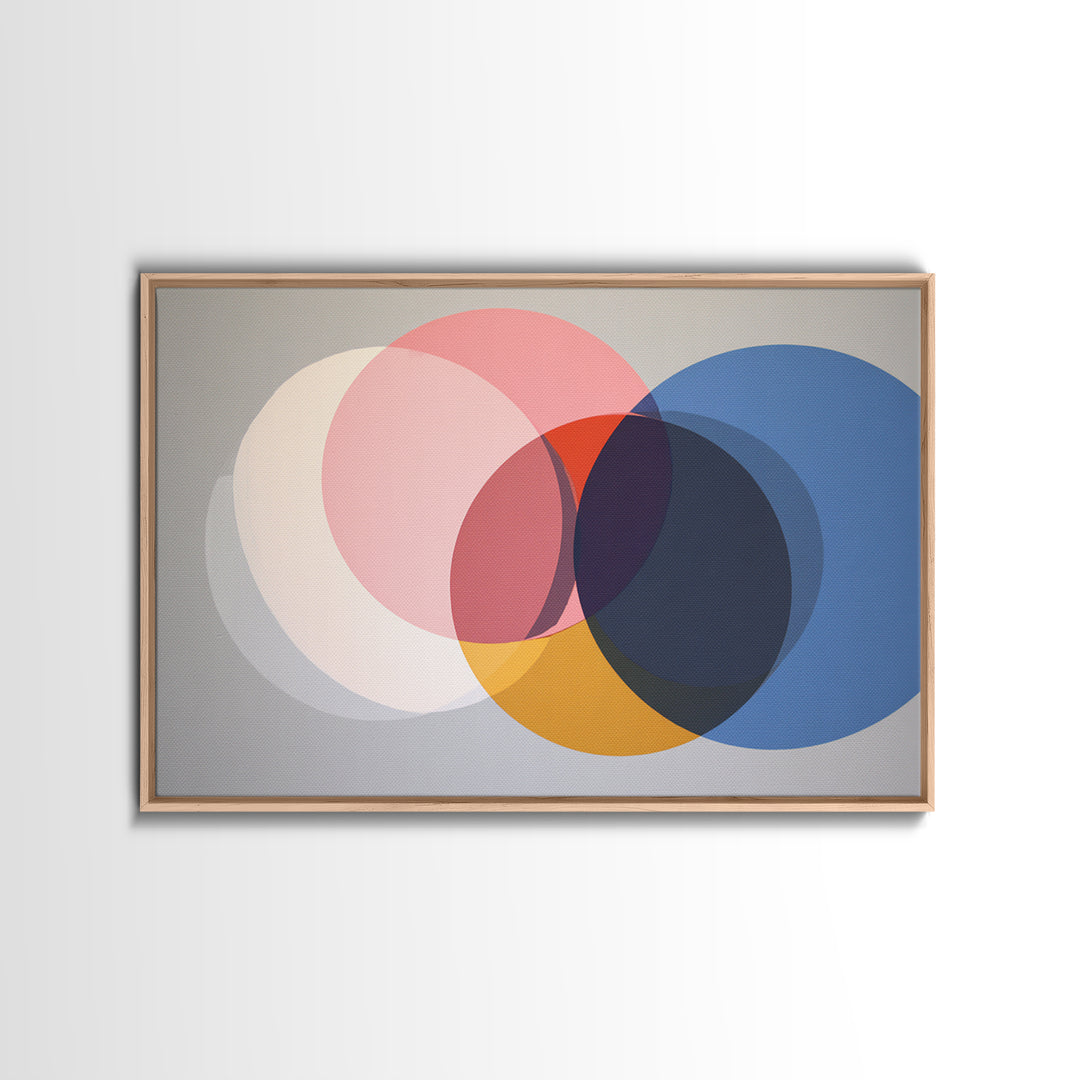 Soft Pink Cream Blue And Orange Circles Canvas Print, Midcentury Modern Geometric Abstract Wall Decor For Living Room Home Decor Poster