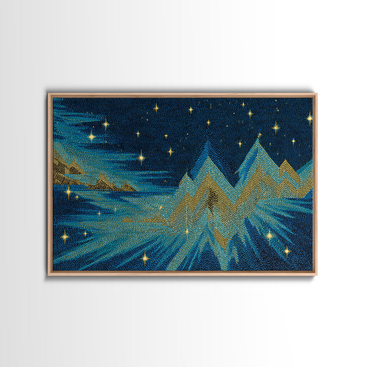 Starry Turquoise Mountains With Golden Peaks, Framed Canvas Print, Cosmic Retro Wall Art, Modern Abstract Decor For Living Room