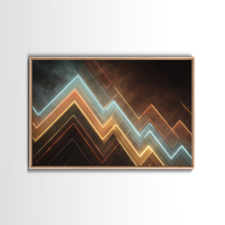 Glowing Neon Chevron Lines In Smoky Dark, Canvas Print, Geometric Wall Art, Modern Abstract Poster For Office Or Game Room