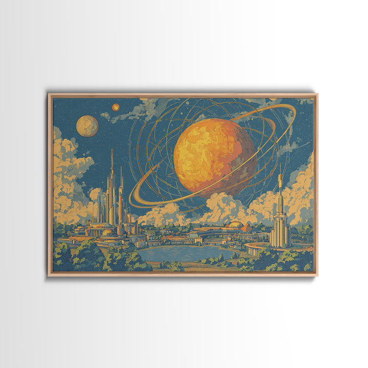 Ringed Planet Futurist City Wall Art, Midcentury Modern Sci Fi Poster, Retro Space Age Decor, Atomic Skyline Canvas Print