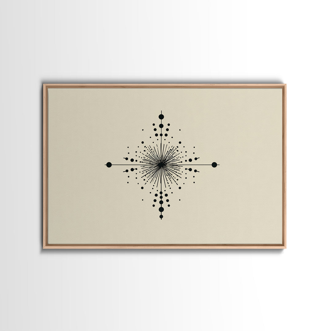 Minimal Black Dot Compass Starburst Canvas Print, Midcentury Modern Wall Art, Geometric Abstract Poster, Neutral MCM Decor