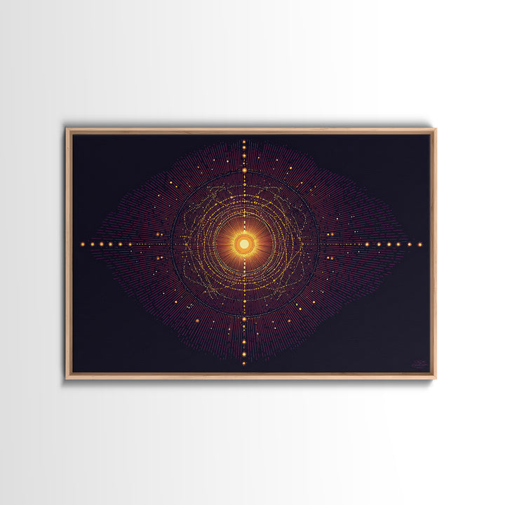 Glowing Orange Cosmic Mandala Wall Art, Midcentury Modern Abstract Art Print, Space Geometric Retro Decor, Large MCM Poster