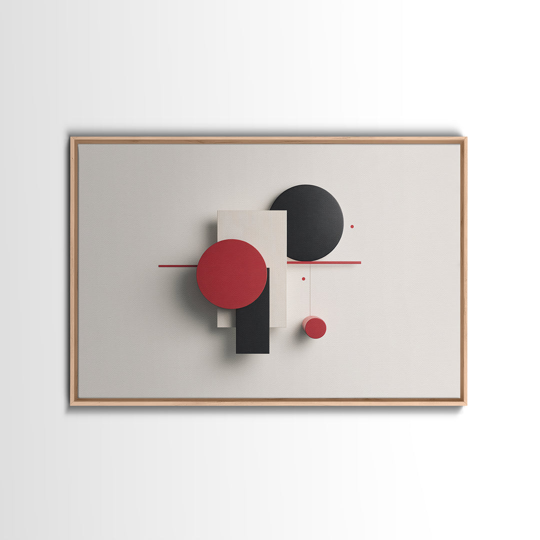 Red Black White Dimensional Shapes Framed Canvas Print, Midcentury Modern Wall Art, Geometric Abstract MCM Decor, Bold Poster
