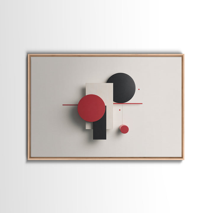 Red Black White Dimensional Shapes Framed Canvas Print, Midcentury Modern Wall Art, Geometric Abstract MCM Decor, Bold Poster