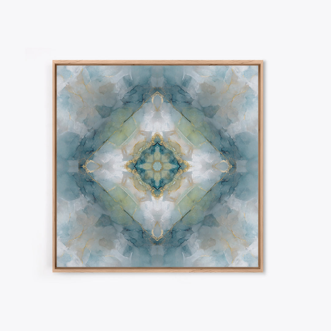 Mandala with Soft Gold and Indigo Symmetry Framed Canvas Print, Meditation Art, Zen Wall Art, Living Room Decor, Stillness, MED-1x1-2