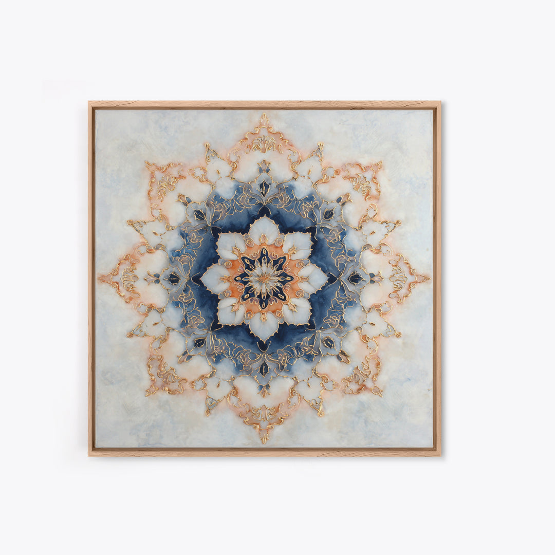 Mandala with Soft Gold and Indigo Symmetry Canvas Print, Meditation Art, Printable Artwork, Living Room Decor, Stillness, MED-1x1-26