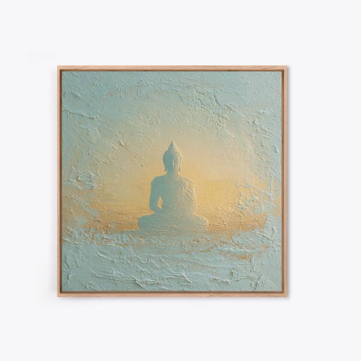 Buddha Silhouette Surrounded by Warm Light Canvas Print, Meditation Art, Neutral Wall Art, Living Room Decor, Stillness, MED-1x1-31