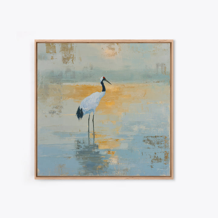 White Crane in Quiet Morning Mist Framed Canvas Print, Meditation Art, Art Print, Living Room Decor, Fine Art, Stillness, MED-1x1-40