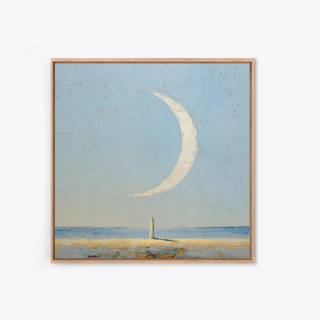 Single Seated Figure Beneath a Crescent Moon Canvas Print, Meditation Art, Statement Artwork, Living Room Decor, Stillness, MED-1x1-75