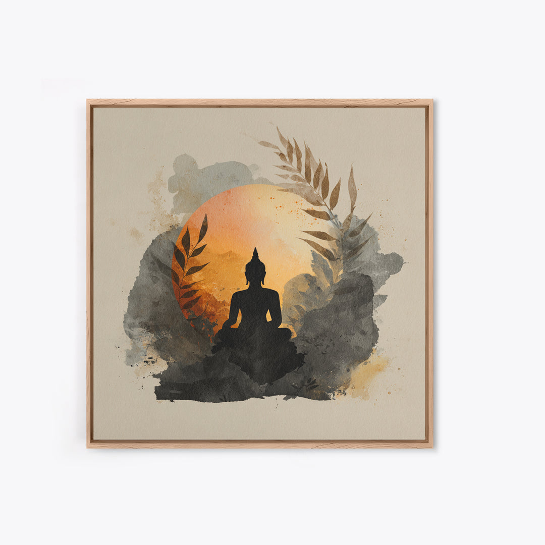 Buddha Silhouette Surrounded by Warm Light Framed Canvas Print, Meditation Art, Boho Decor, Living Room Decor, Oil Painting, MED-1x1-79