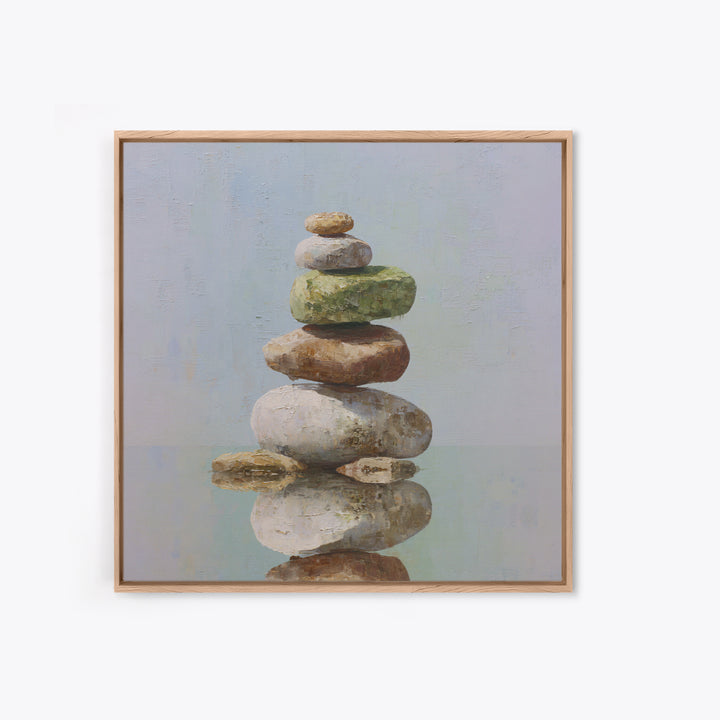 Floating Stones Balanced Above Calm Water Framed Canvas Print, Meditation Art, Digital Print, Living Room Decor, Stillness, MED-1x1-8