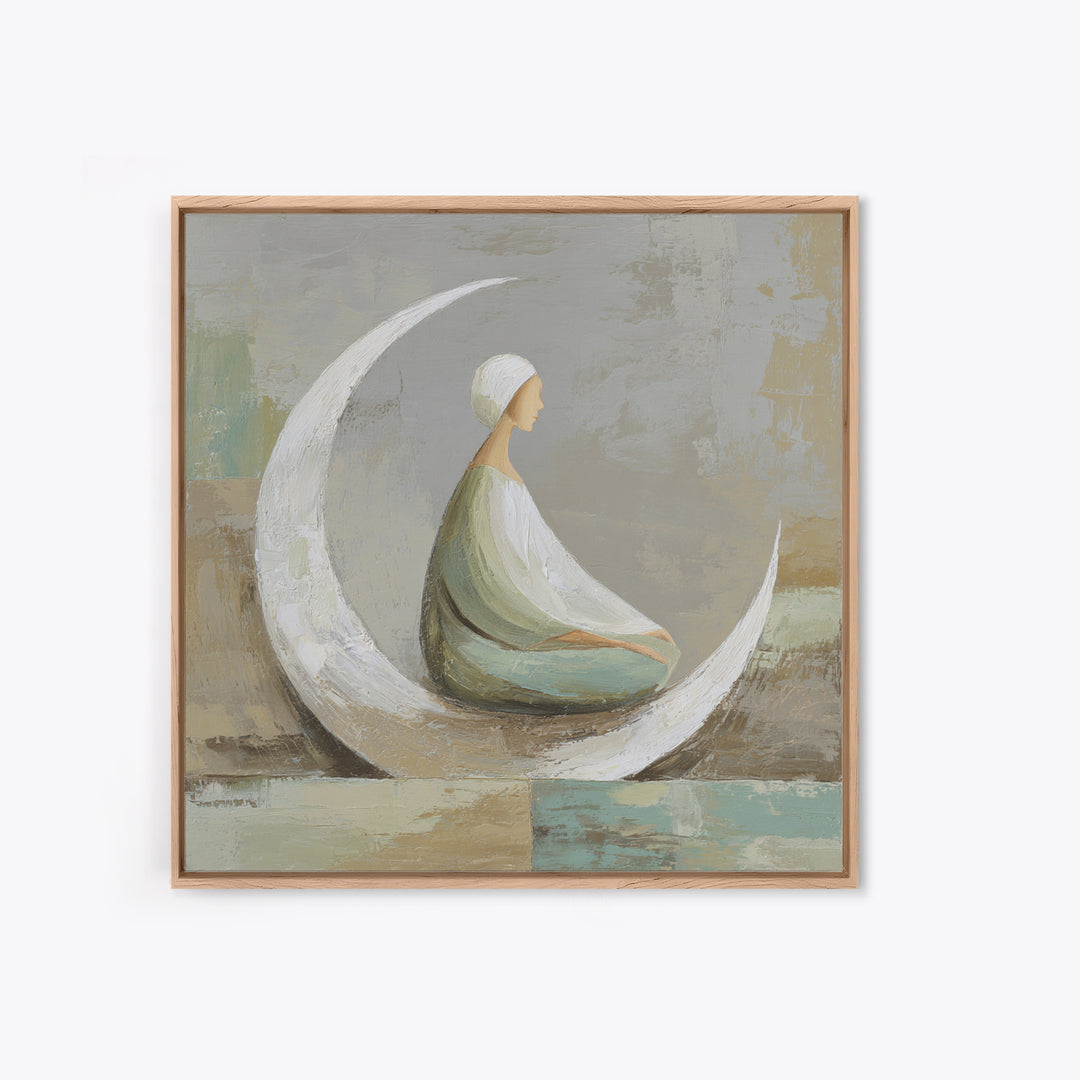 Single Seated Figure Beneath a Crescent Moon Canvas Print, Meditation Art, Digital Wall Art, Living Room Decor, Stillness, MED-1x1-99