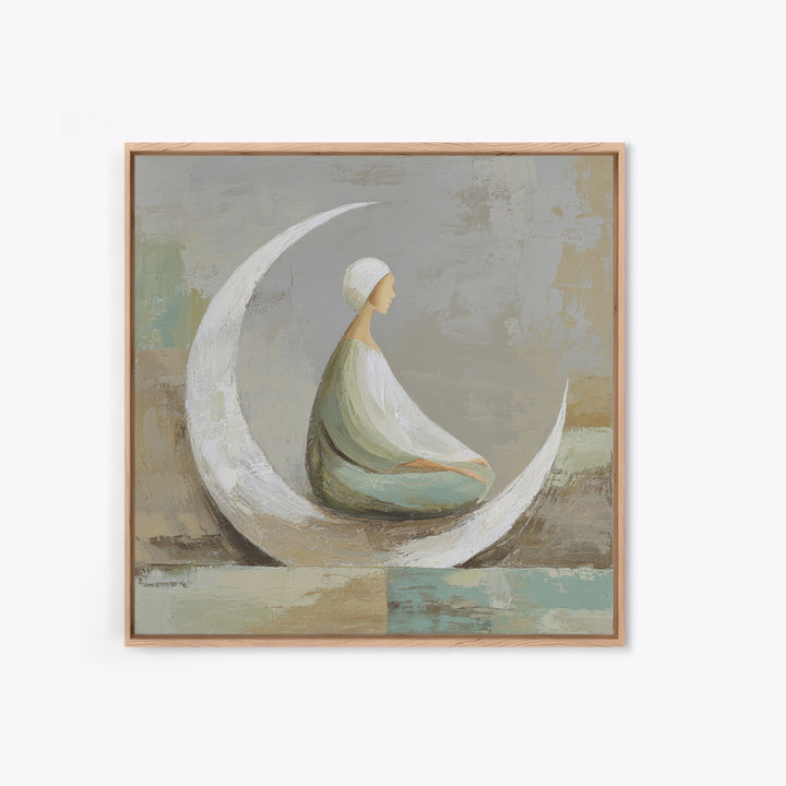 Single Seated Figure Beneath a Crescent Moon Canvas Print, Meditation Art, Digital Wall Art, Living Room Decor, Stillness, MED-1x1-99