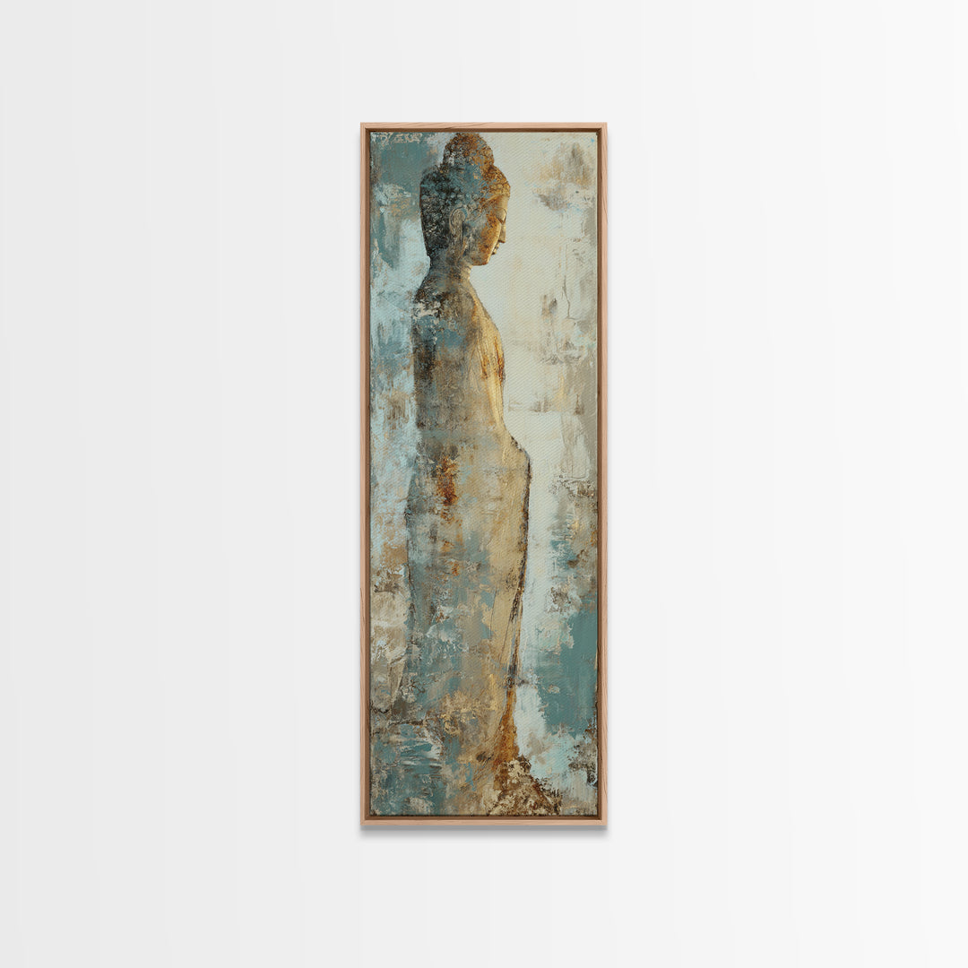 Buddha Silhouette Surrounded by Warm Light Framed Canvas Print, Meditation Art, Boho Wall Decor, Living Room Decor, Stillness, MED-1x3-19