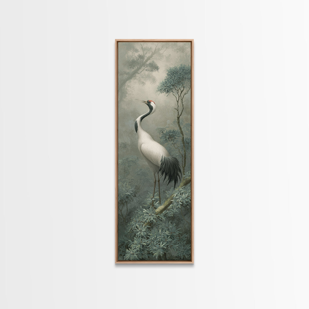 White Crane in Quiet Morning Mist Framed Canvas Print, Meditation Art, Abstract Wall Art, Living Room Decor, Stillness, MED-1x3-52