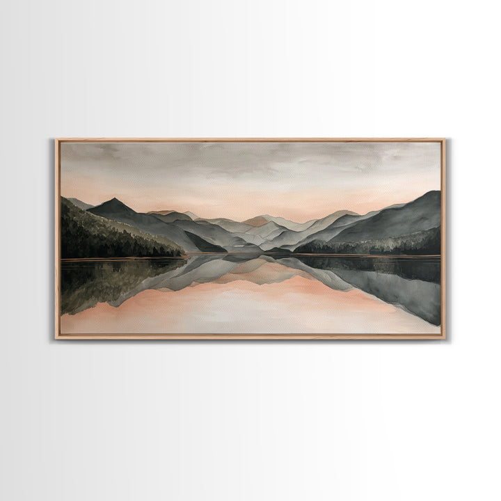 Mountain Lake at Sunrise Framed Canvas Print, Meditation Art, Digital Print, Living Room Decor, Oil Painting, Stillness, MED-2x1-1