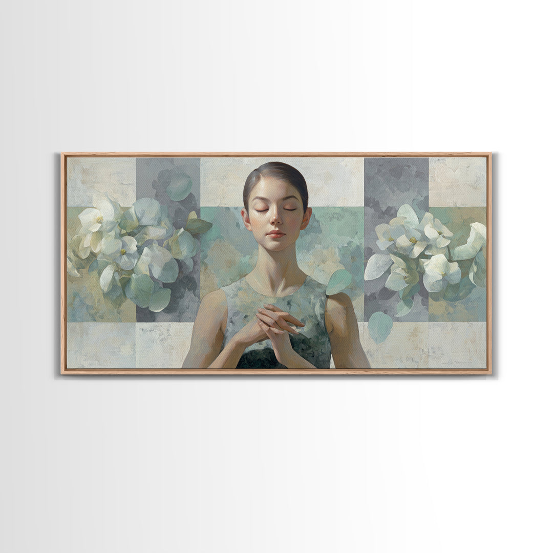 Calm Face Portrait Framed Canvas Print, Meditation Art, Statement Artwork, Living Room Decor, Fine Art, Stillness, Art Deco, MED-2x1-20