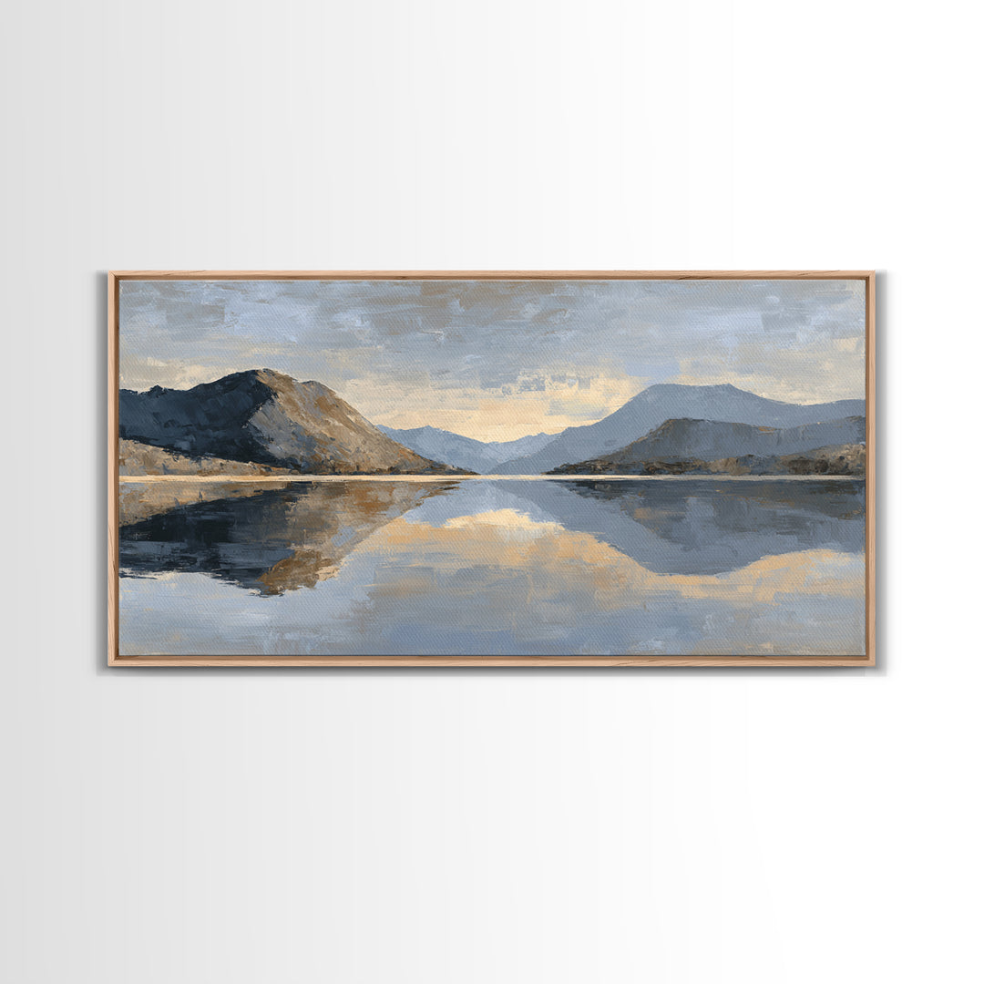 Mountain Lake at Sunrise Framed Canvas Print, Meditation Art, Digital Print, Living Room Decor, Oil Painting, Stillness, MED-2x1-25