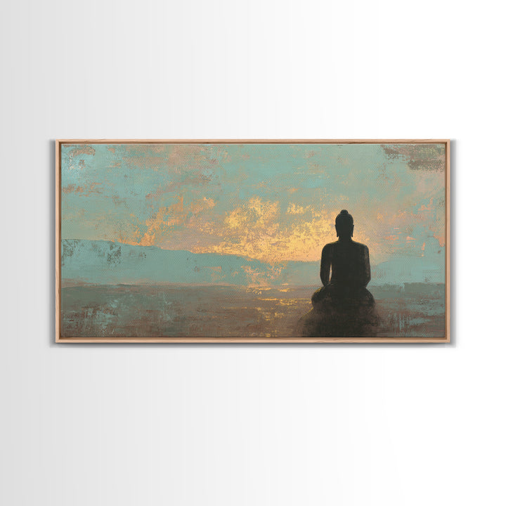 Buddha Silhouette Surrounded by Warm Light Framed Canvas Print, Meditation Art, Boho Wall Decor, Living Room Decor, Stillness, MED-2x1-3