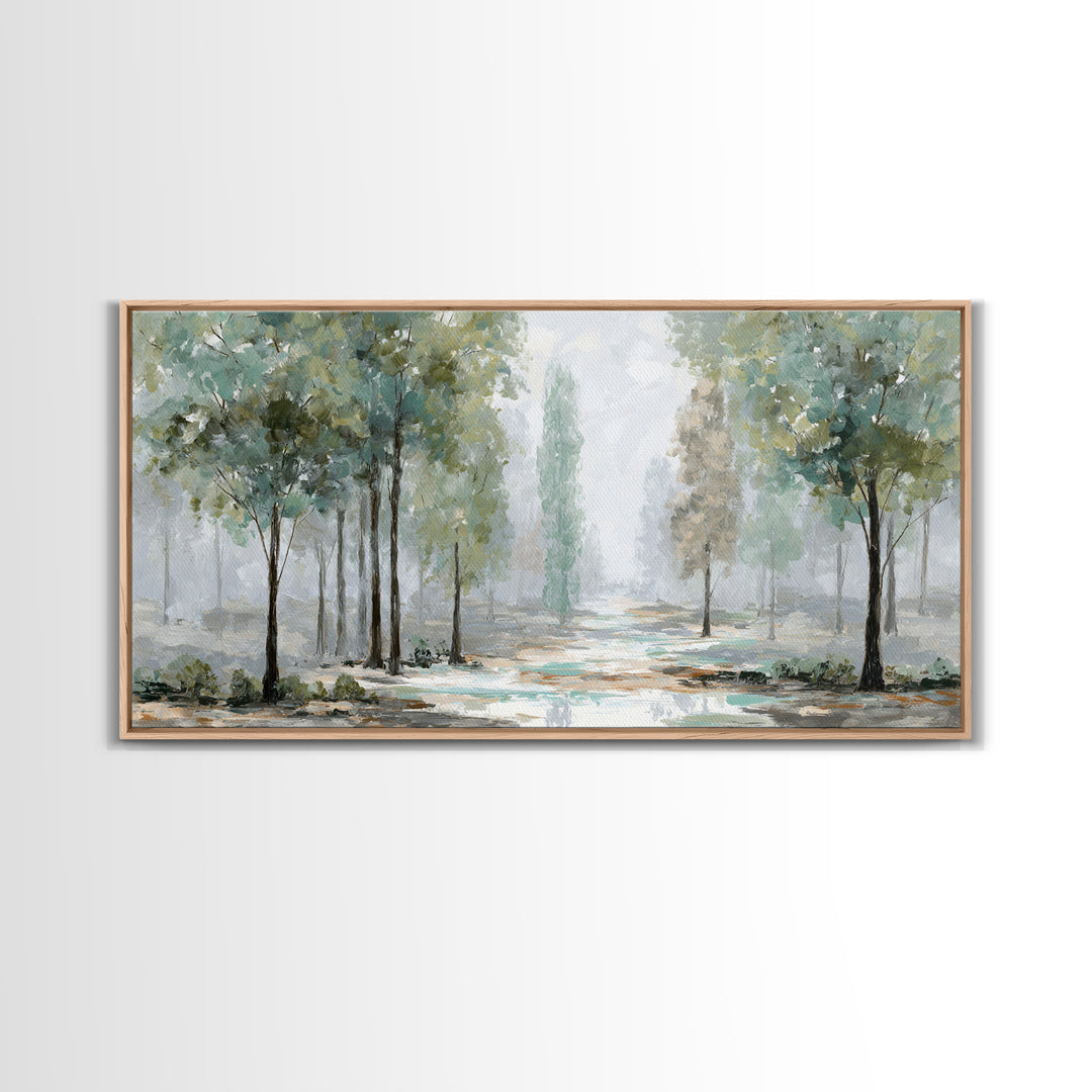 Misty Forest Path Framed Canvas Print, Meditation Art, Art Deco, Living Room Decor, Fine Art, Stillness, Digital Download Art, MED-2x1-33
