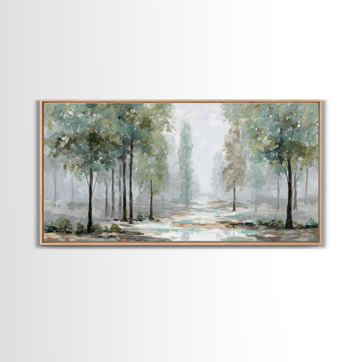 Misty Forest Path Framed Canvas Print, Meditation Art, Art Deco, Living Room Decor, Fine Art, Stillness, Digital Download Art, MED-2x1-33