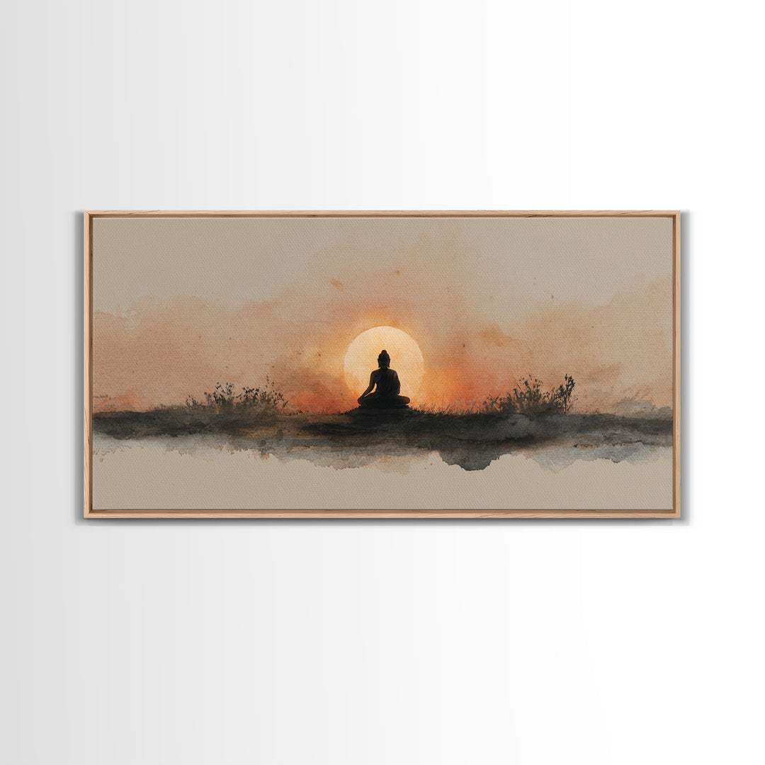 Buddha Silhouette Surrounded by Warm Light Canvas Print, Meditation Art, Gallery Wall Art, Living Room Decor, Stillness, MED-2x1-51