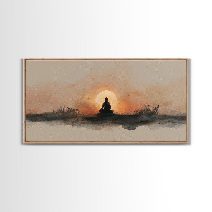 Buddha Silhouette Surrounded by Warm Light Canvas Print, Meditation Art, Gallery Wall Art, Living Room Decor, Stillness, MED-2x1-51