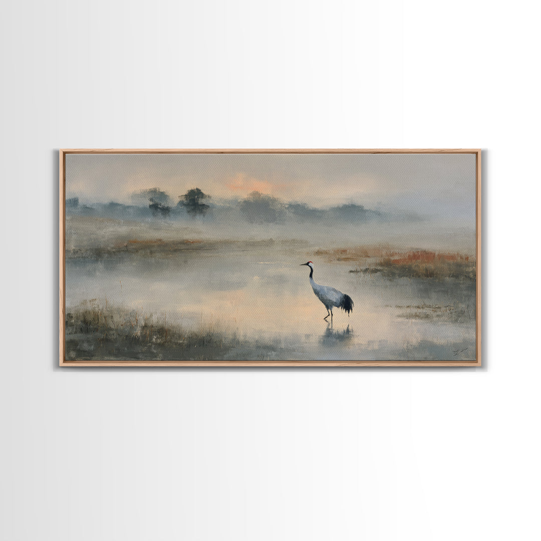 White Crane in Quiet Morning Mist Framed Canvas Print, Meditation Art, Canvas Art, Living Room Decor, Oil Painting, Stillness, MED-2x1-60
