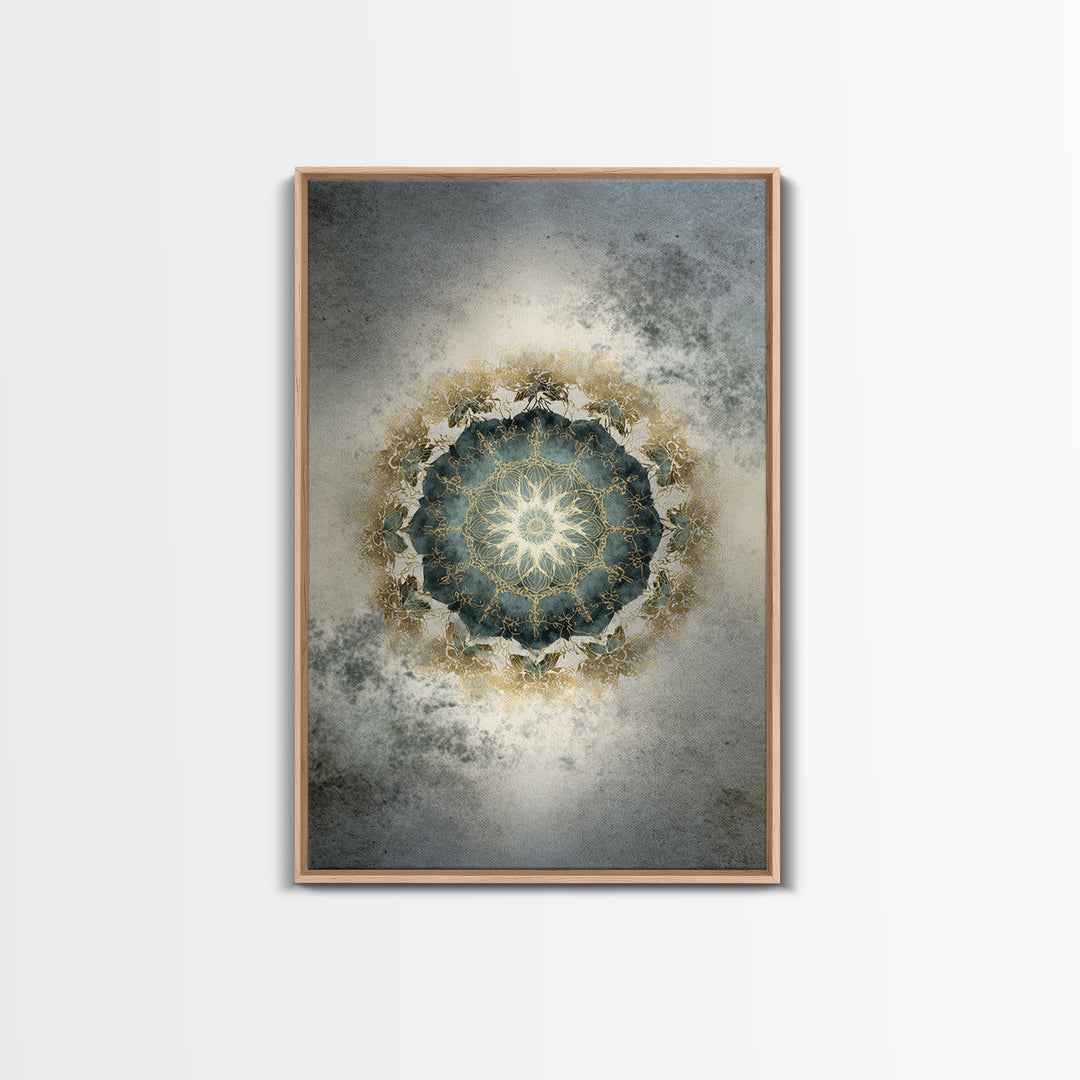 Mandala with Soft Gold and Indigo Symmetry Framed Canvas Print, Meditation Art, Original Art, Living Room Decor, Stillness, MED-2x3-34