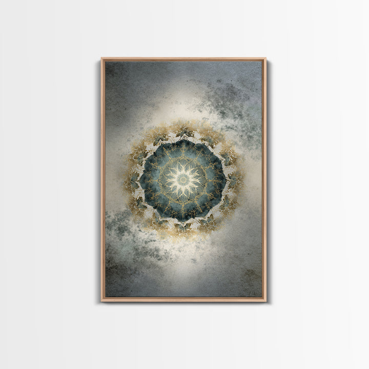 Mandala with Soft Gold and Indigo Symmetry Framed Canvas Print, Meditation Art, Original Art, Living Room Decor, Stillness, MED-2x3-34
