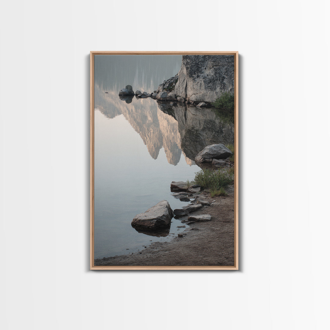 Mountain Lake at Sunrise Framed Canvas Print, Meditation Art, Boho Wall Art, Living Room Decor, Watercolor Art, Stillness, MED-2x3-37