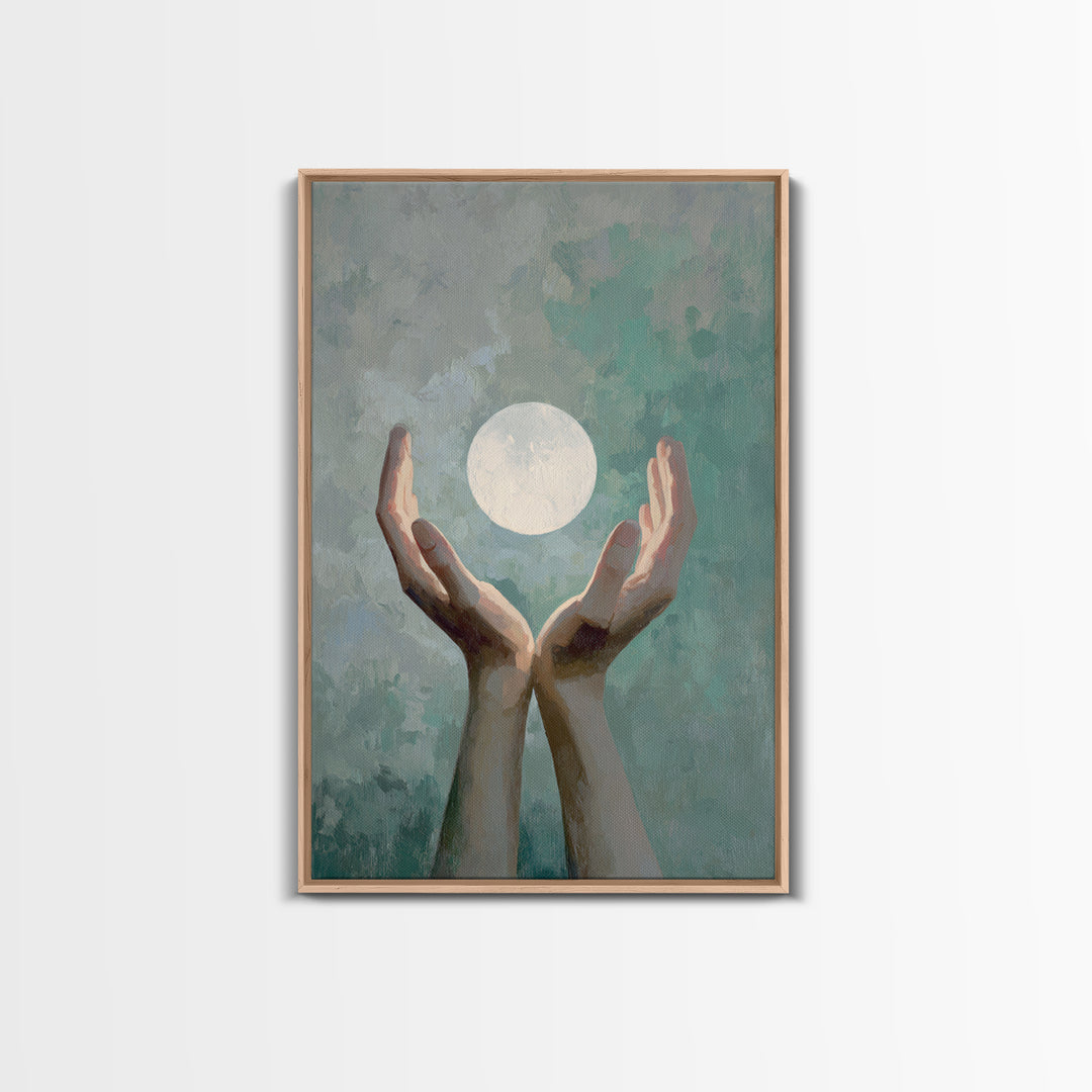 Hands Holding a Tiny Glowing Sun Framed Canvas Print, Meditation Art, Living Room Art, Living Room Decor, Fine Art, Stillness, MED-2x3-68